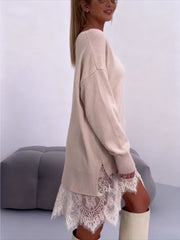 Women'S Lace-Panel Sweatshirt | Fashionable Mid-Length Pullover with Slit Detail, Casual Oversized Off-the-Shoulder Long-Sleeved Sweatshirt Dress, Sweet-Edgy Leisure Style, Comfort and Refinement, Fall/Winter, Crew Neck, Medium Stretch Fabric - XIUD