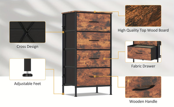 1pc Modern Tall Dresser with 4 Spacious Drawers - Large Storage Cabinet with MDF Wood Top & Sturdy Metal Frame, Freestanding Tall Tower Unit with Legs, 68.58cm+ Height, 3.2 Cu Ft Capacity, Space-Saving Vertical Organizer for Bedroom/Living Room