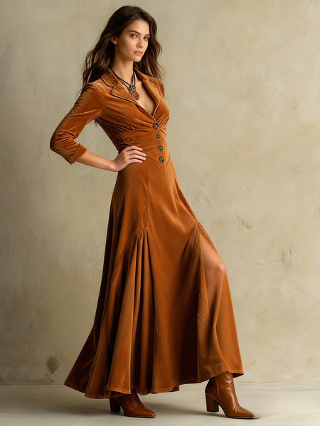 Chic Long Dress with a Lapel Collar, Featuring Three-Quarter Sleeves And a Vintage Full Skirt. Perfect for Autumn And Winter Office Wear, Retro Gatherings, Casual Outings, And Light Social Events