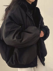 Women's Winter Double-Sided Plush Padded Jacket with Hood & Pockets - Thickened Lamb Outer Coat, Zipper Closure, Solid Color Casual Sweater for Cold Weather (No elastic fabric)