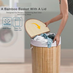 50L Folding Bamboo Laundry Basket Bin Hamper Basket Clothes Storage Organizer With Lid & Removable Washable Bag Carry On Handles