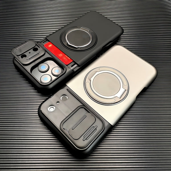 Phone Case - Luxury Armored Phone Case for Iphone 17 Pro Max Sliding Lens Cover Protection 360 Degree Rotating Bracket Card Holder Design Adsorption Car Mount Shockproof Anti Shock Protection Cover