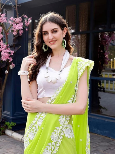 Estationeryhouse Women's Georgette Embroidery Border Work Designer Saree with Blouse Piece