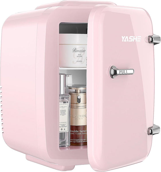 YASHE Mini Fridge, 4 Liter/6 Cans Small Fridgerator for Bedroom, AC/DC Thermoelectric Cooler and Warmer for Skincare Drink Office Dorm Car, Pink