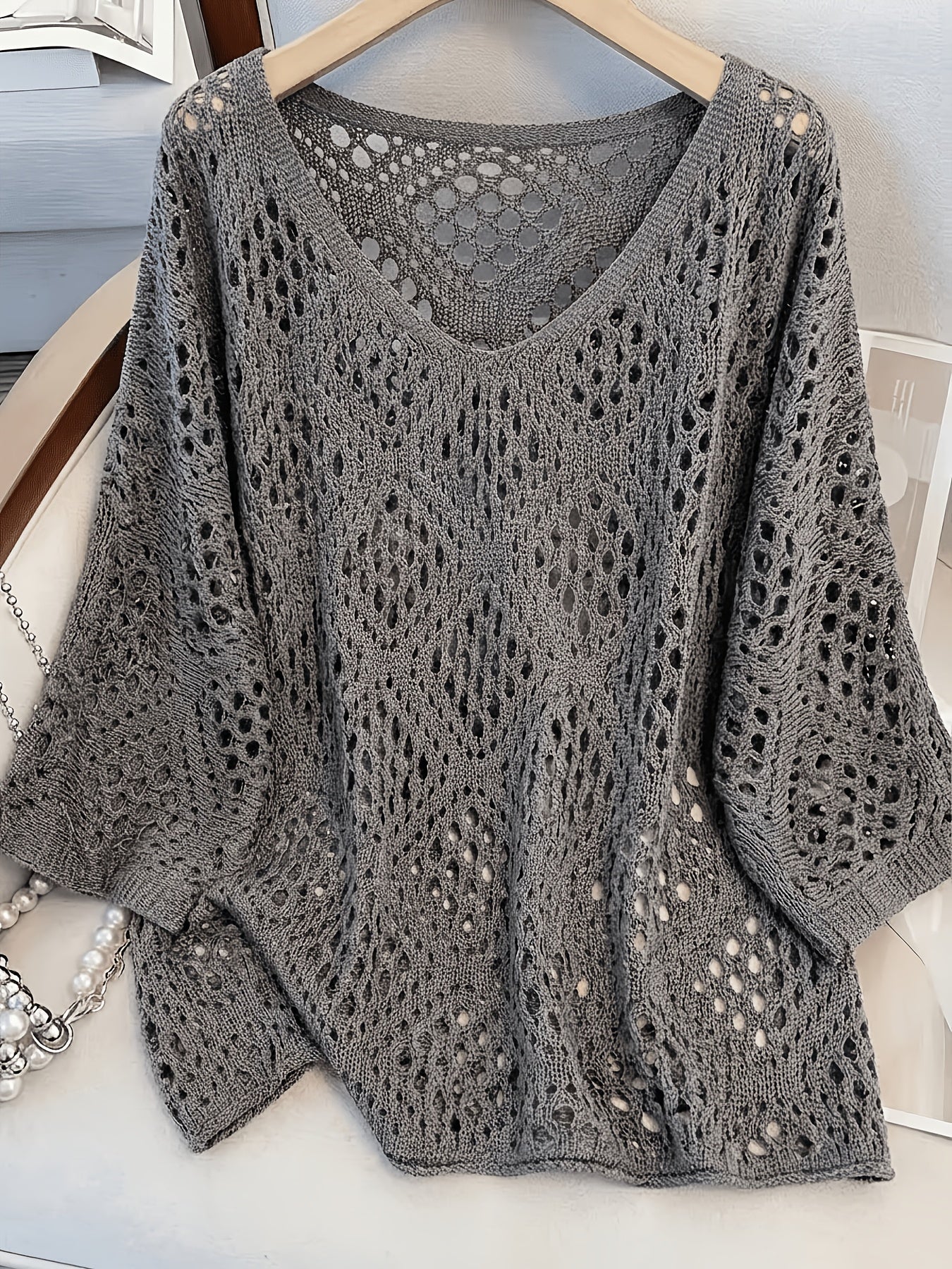 Plus Size - Plus Size - Plus Size Women'S Cashew Flower Loose Temperament Hollow Round Neck Pullover Long Sleeve Sweater