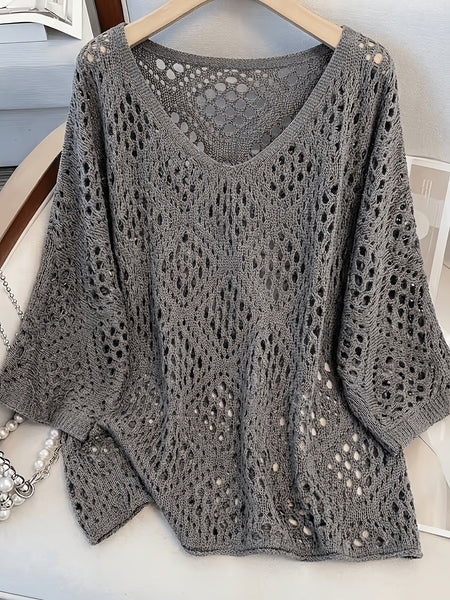 Plus Size - Plus Size - Plus Size Women'S Cashew Flower Loose Temperament Hollow Round Neck Pullover Long Sleeve Sweater