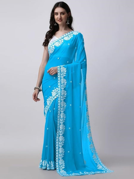 Estationeryhouse Women's Georgette Embroidery Border Work Designer Saree with Blouse Piece