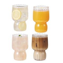Set of 4 RippleWave Ribbed Glass Drinking Cups - Borosilicate Glassware for Hot & Cold Beverages - Dishwasher Safe - for Coffee, Juice, Cocktails & Desserts