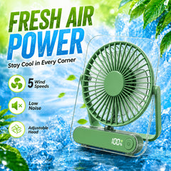 Mini Portable USB Fan Desktop Fan Rechargeable, Ultra-Quiet 5-Speed Adjustment Foldable 180 Degree Adjustable with LED Display for Office, Home, Outdoor, Camping And Travel