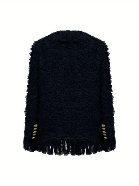 Women'S Elegant Fringed Cardigan Jacket Buttoned Neckline, Structured Silhouette with Fringed Hem Machine-Washable Autumn/Winter Outerwear Tailored Design