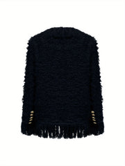 Women'S Elegant Fringed Cardigan Jacket Buttoned Neckline, Structured Silhouette with Fringed Hem Machine-Washable Autumn/Winter Outerwear Tailored Design