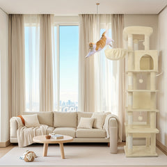 Cat Tree for Indoor Cats, 210cm Large Tall Cat Tower, Multi-Level Cats House with Condo, 8 Scratching Posts, Hammock, 4 Pom Poms
