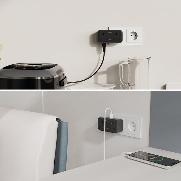 UK to EU Travel Adapter with 3 USB Ports & 2 AC Outlets - 3250W Power Max, 2-Pin Sockets for Germany, France, Spain, Greece, Netherlands, Poland, Portugal - White/Black