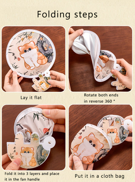 4pcs Cute Cat Folding Fan Lucky Cat Design, 2-In-1 Cooling And Sunscreen, Portable Handheld Storage Bag, Summer Additions