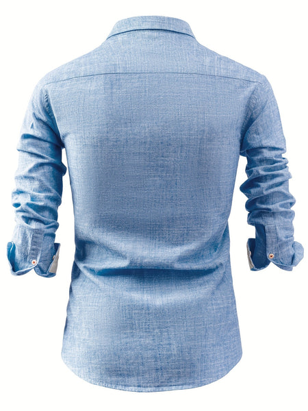Linen Men'S Casual Shirt Long Sleeve Linen Solid Color Breathable Fashion Men'S Top Blouse Retro Open Front with Pockets