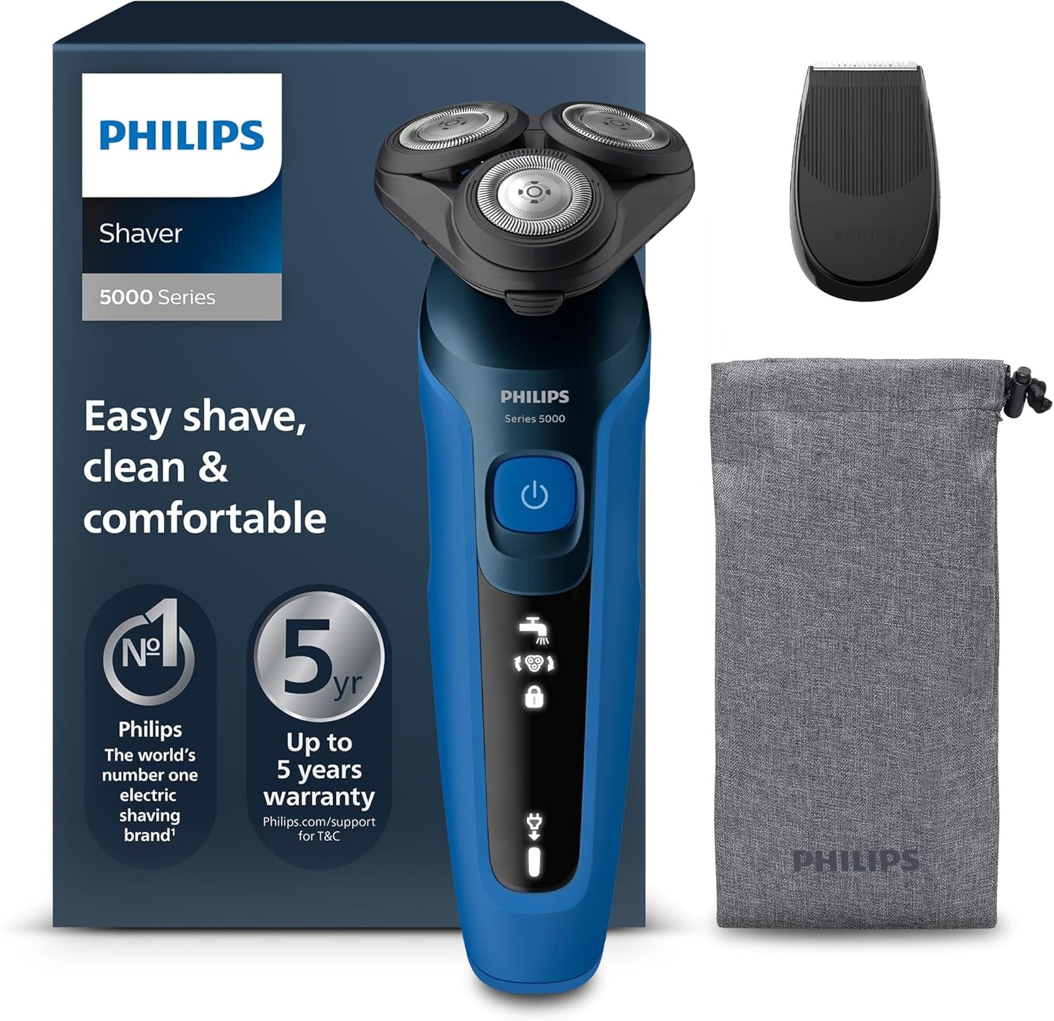 Philips Shaver Series 5000, Wet and Dry Electric Shaver for Men, Comforttech Blades 360°, Contour Heads, Advanced Display, Smartclick Precision Trimmer, S5466/18