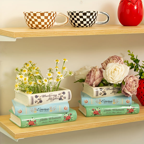 One Creative Three-Tiered Ceramic Book-Shaped Vase, a Unique Ceramic Flower Pot for Home Decoration, Suitable for Living Room, Bookshelf, Fireplace Mantel, And Dining Table Decoration.