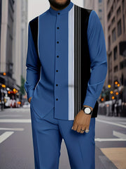 European And American Fashion Men'S Spring And Autumn New Striped Art Pattern Print Design Stand-Up Collar Long Sleeve Shirt Set, Casual Street Outdoor Suit