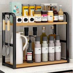Two-Tier Dish Drying Rack for The Kitchen, Spice Organizer with Hooks And Adjustable Shelf, Freestanding Kitchen Storage Unit for Dishes, Cups, And Cutting Boards