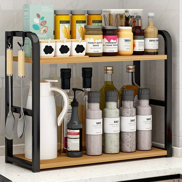 Two-Tier Dish Drying Rack for The Kitchen, Spice Organizer with Hooks And Adjustable Shelf, Freestanding Kitchen Storage Unit for Dishes, Cups, And Cutting Boards