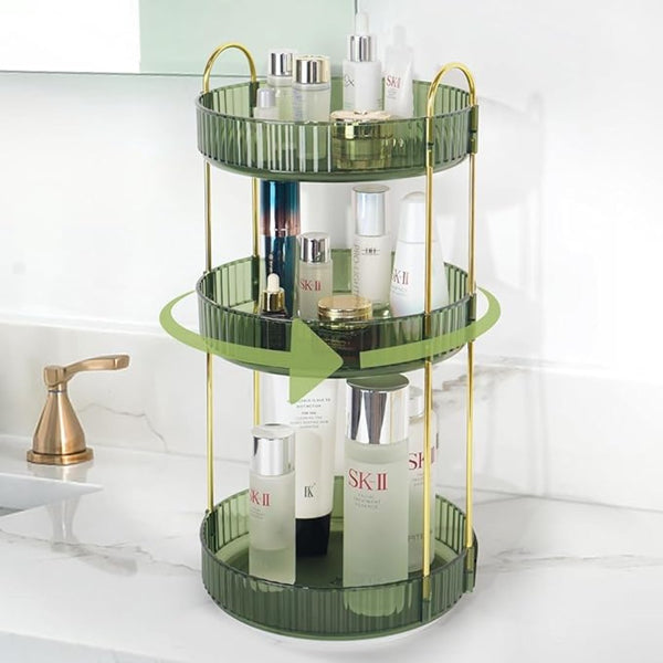 Bathroom Vanity Organizer Green 23x23x47cm, 3-Tier Spinning Cosmetics Organizer Tray, High-Capacity Skincare Perfumes Storage Rack, Suitable for Bedroom Bathroom Countertop