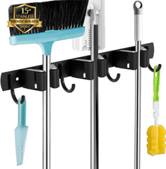 Broom and Mop Holder - Wall Mounted 5 Holders + 4 Hooks with Nails Installation, Stainless Steel, Self Adhesive, Heavy Duty Gripper