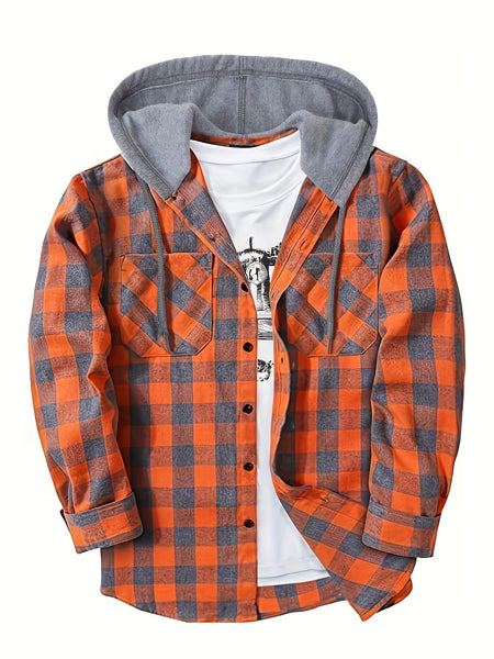 3pcs Men's New York Fashion Trendy Plaid Shirt Hooded Plaid Sweatshirt Flannel Hoodie