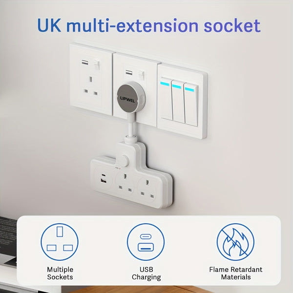 LIPWEL UK Plug Extension Socket with 3 AC Outlets & 2 USB Ports, Flame Retardant Material, Pure Copper, Power Switch & Indicator Light, 3120W/13A, Wall-Mountable for Home Office Dorm - White, Plug Outlet Extender, Workspace Organization, Sleek Design, Saf