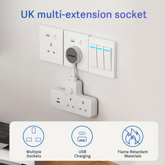 LIPWEL UK Plug Extension Socket with 3 AC Outlets & 2 USB Ports, Flame Retardant Material, Pure Copper, Power Switch & Indicator Light, 3120W/13A, Wall-Mountable for Home Office Dorm - White, Plug Outlet Extender, Workspace Organization, Sleek Design, Saf