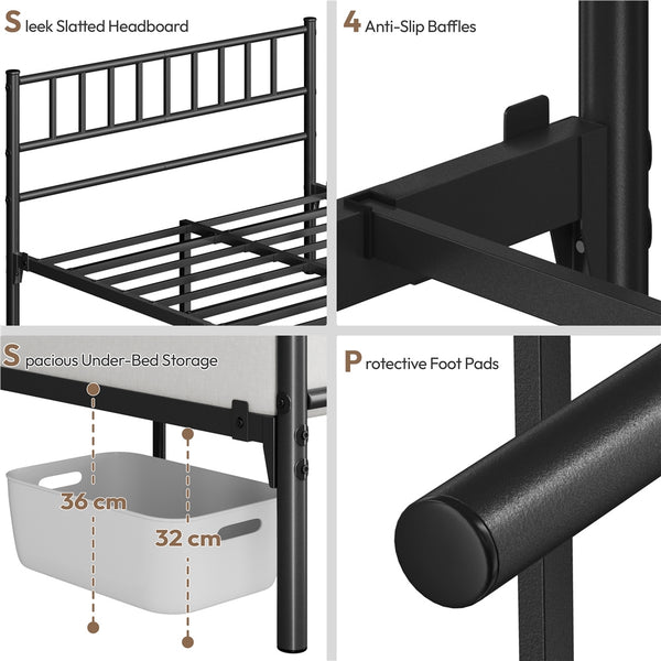 Costoffs Metal Bed Frame, Single/Double Size Bed Platform with Slatted Headboard and Footboard, Solid Slat Support, Large Storage Space, Easy Assembly Bed, Modern Mattress Foundation, Black/White/Pink/Silver
