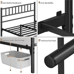 Costoffs Metal Bed Frame, Single/Double Size Bed Platform with Slatted Headboard and Footboard, Solid Slat Support, Large Storage Space, Easy Assembly Bed, Modern Mattress Foundation, Black/White/Pink/Silver