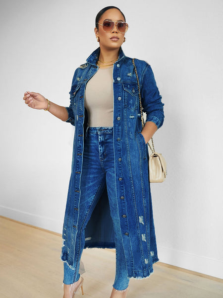 New Style Ripped Denim Jacket with Genuine Pockets - Long Women's Denim Jacket