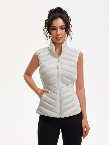 Women's Lightweight Outdoor Puffer Vest, Multi-Pocket Design, Elastic Waist Wrapping for Snug Warmth, Unique Zipper, Stand Collar, Polyester Filled