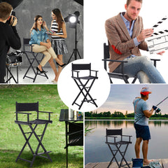114cm Tall Folding Directors Chair with Footrest and Backrest, Portable Makeup Artist Bar Height, Sturdy Metal Frame 300 lbs Capacity, Ideal for Make-up, Filming and Outdoor Camping, Black