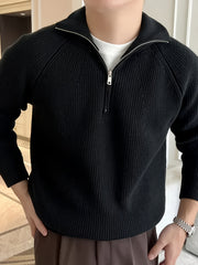 Men's Solid Color Minimalist Raglan Sleeve Thick Zip-Up Sweater for Autumn/Winter