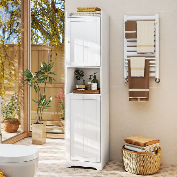 GYMAX 170 CM Bathroom Cabinet, Tall & Slim Linen Tower with Storage, Adjustable Shelf, Laundry Bag with Long & Short Handles, Open Shelf, Freestanding Laundry Cabinet, White