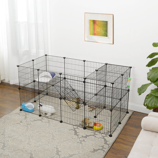 2-Floor Metal Pet Playpen, 36 Grid Panels, Customisable Cage Enclosure for Small Animals, Guinea Pigs Hamster Runs, Rabbit Hutches, Includes Mallet, Indoor, 143 x 73 x 71 cm, White/Black