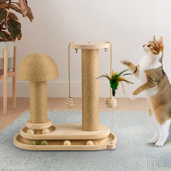 Solid Wood Cat Scratch Pole Cat Turntable, Cat Spring Teasing Stick, Cat Scratch Board, Durable and Wear-resistant Cat Toys, Sisal Cat Climbing Frame, Bell Ball, Oval Mushroom Turntable