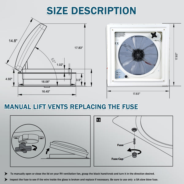 10 - Speed 12V RV Roof Vent Fan - Reversible, Rain Sensor, Ultra - Low Noise, Remote & Temp Monitoring