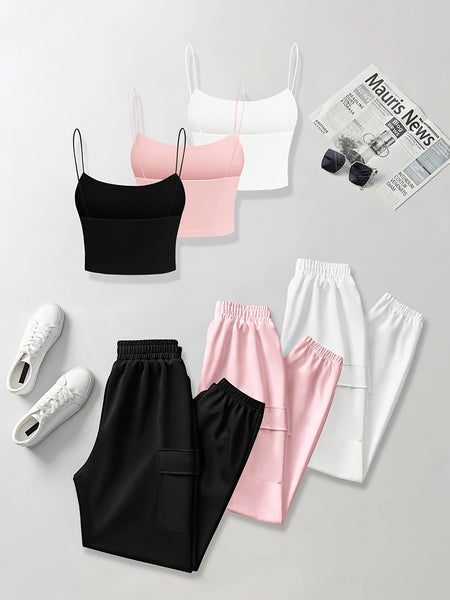 6pcs Women'S Casual Short Camisole And Elastic Waist Pocket Work Pants Set for Spring And Summer, Solid Color Everyday Outfit