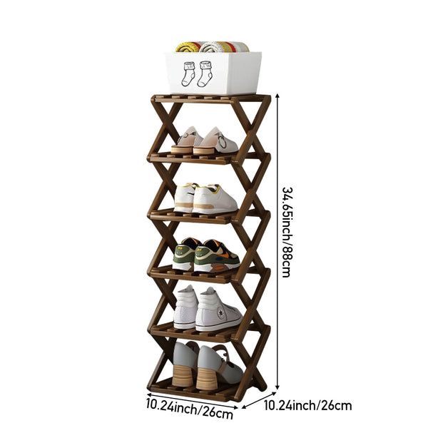 4/5/6/7 Tiers Bamboo Wooden Shoe Rack, Vertical Shoe Racks Storage Shelves Tall Shoe Tower, Collapsible Narrow Shoe Stand, Installation Free Folding X-Shape Shoe Racks Sneakers Slippers Holder Organizer, Multi Functional Shoe Rack Durable Footwear Cabinet