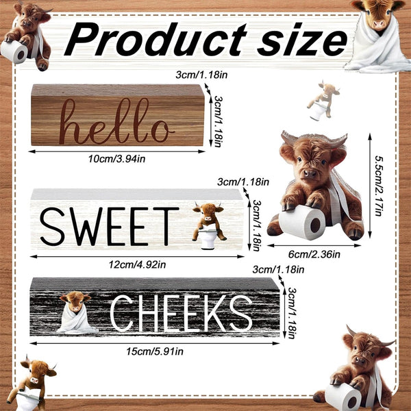 4pcs Wooden Highland (Cattle) Decor - 3 Rustic Scottish Figurines, Animal Blocks for Farmhouse Shelf, Tabletop, or Scottish-Themed Room Décor - Multi- Scottish Cattle Blocks