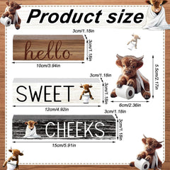 4pcs Wooden Highland (Cattle) Decor - 3 Rustic Scottish Figurines, Animal Blocks for Farmhouse Shelf, Tabletop, or Scottish-Themed Room Décor - Multi- Scottish Cattle Blocks