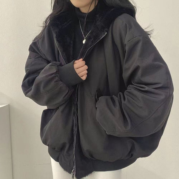 Large Size Velvet Thickened Two Sides Wear Lamb Clothes Women's Coat Winter New Zipper Hooded Coat Top