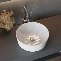 Bathroom Counter Top Ceramic Basin Sink Bathroom Vanity Cloakroom Hand Wash Basin Round Bowl with Pop Up Waste Drainer, White, 405x405x146mm, Faucet Not Included