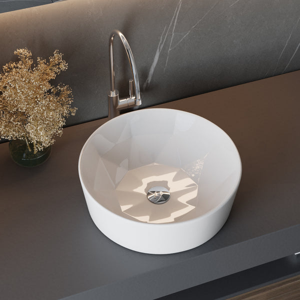 Bathroom Counter Top Ceramic Basin Sink Bathroom Vanity Cloakroom Hand Wash Basin Round Bowl with Pop Up Waste Drainer, White, 405x405x146mm, Faucet Not Included