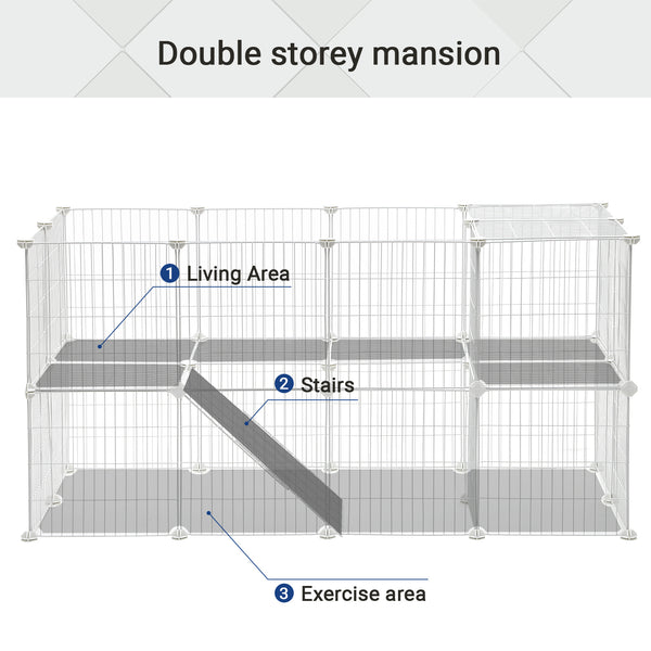 2-Floor Metal Pet Playpen, 36 Grid Panels, Customisable Cage Enclosure for Small Animals, Guinea Pigs Hamster Runs, Rabbit Hutches, Includes Mallet, Indoor, 143 x 73 x 71 cm, White/Black