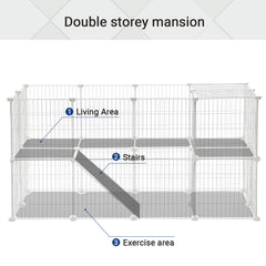 2-Floor Metal Pet Playpen, 36 Grid Panels, Customisable Cage Enclosure for Small Animals, Guinea Pigs Hamster Runs, Rabbit Hutches, Includes Mallet, Indoor, 143 x 73 x 71 cm, White/Black