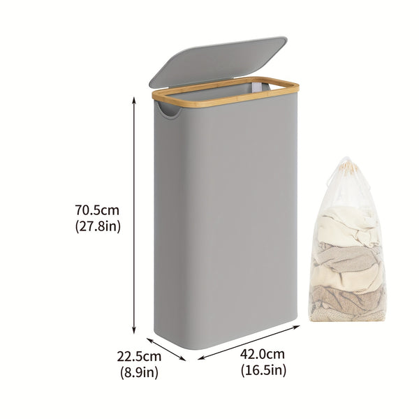 1pc 60L Slim Tall Laundry Hamper with Lid & Removable Bag - Collapsible Foldable Clothes Basket Suitable for Bedroom, Bathroom, Dorm - Modern Dirt- Clothes Bin with Bamboo Handle, Space-Saving Storage, Laundry Baskets