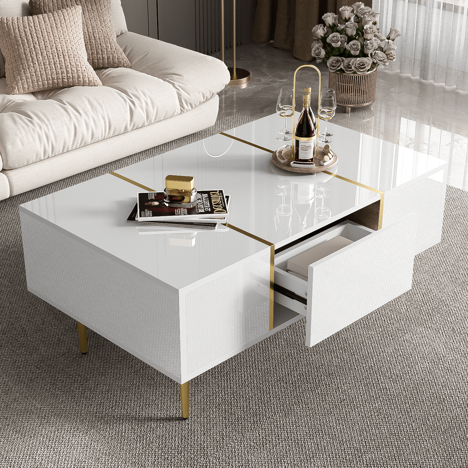 Marble Patterned Countertop Coffee Table with Gold Lines Rectangular Side Table, 2 Drawers, Modern Living Room Coffee Table